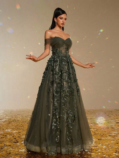 Elegante abito da sera lungo in tulle verde scuro a spalle scoperte con applicazioni floreali 3D, abito da sera formale da donna, abito da ballo per donne