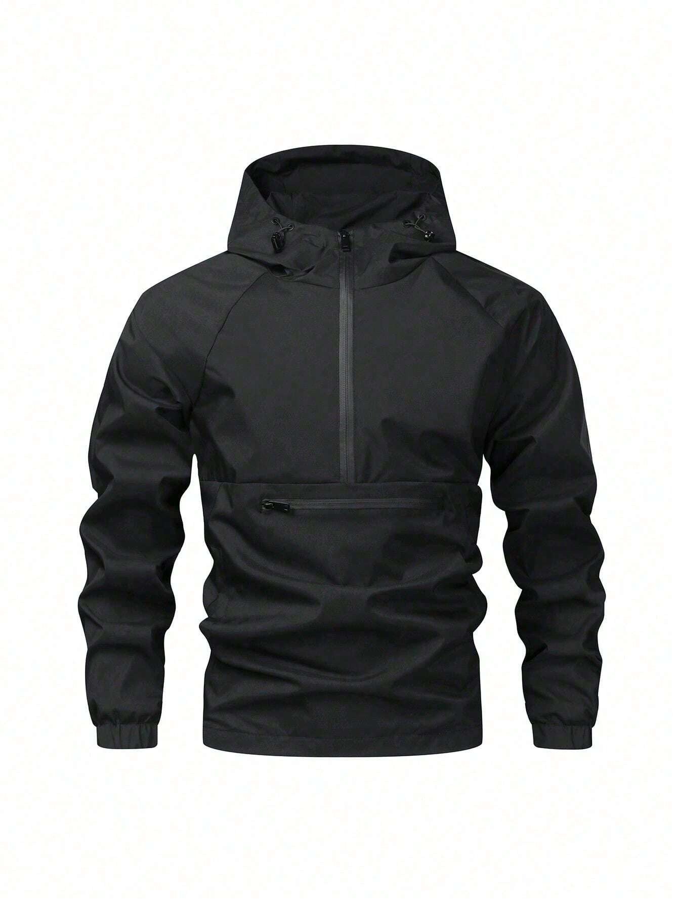 Giacca antivento a mezza chiusura lampo a prova d'acqua casual e versatile da uomo, leggera nera a fascia lunga per esterni, adatta come regalo per Friend, Husband, Boyfriend