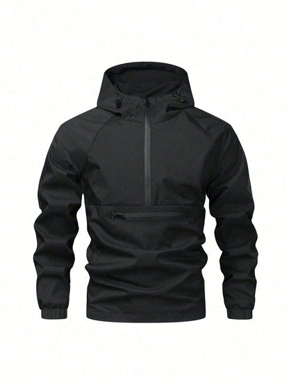 Giacca antivento a mezza chiusura lampo a prova d'acqua casual e versatile da uomo, leggera nera a fascia lunga per esterni, adatta come regalo per Friend, Husband, Boyfriend