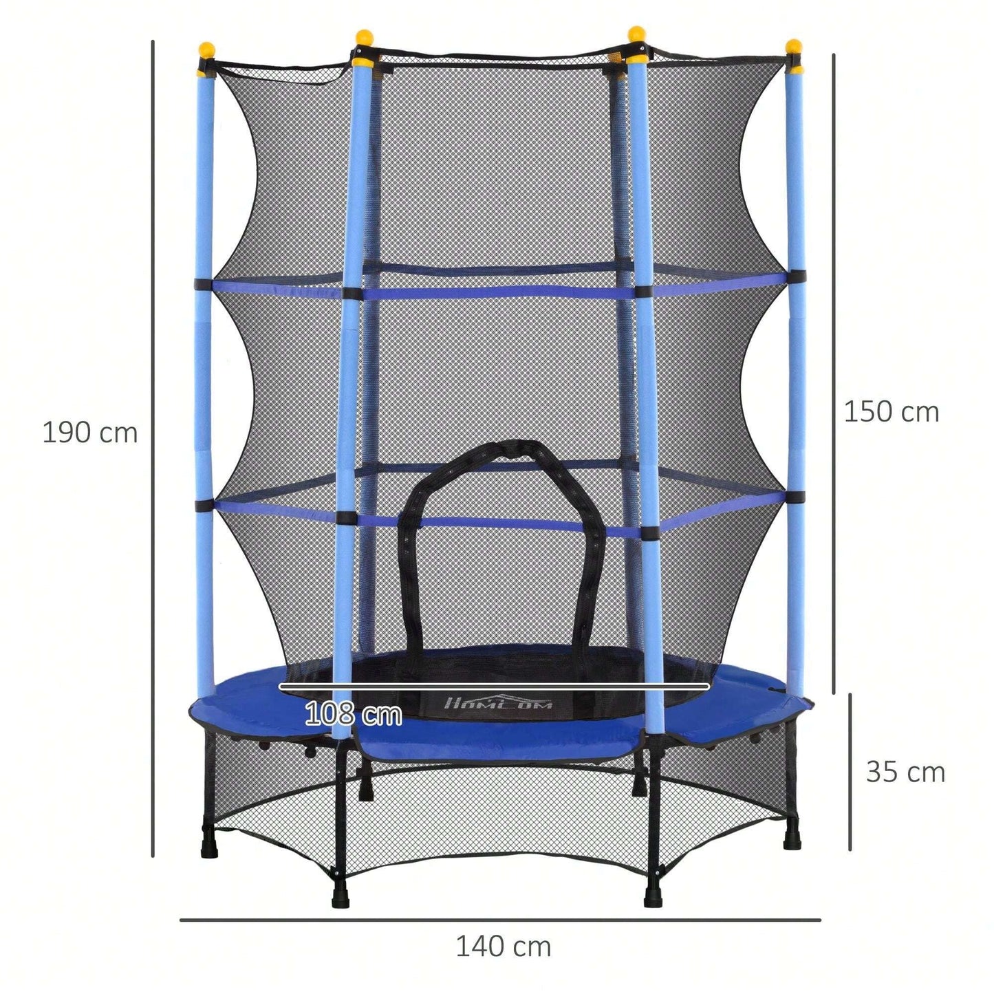 HOMCOM Trampolino Elastico per Bambini con Rete di Sicurezza e Pali Imbottiti, Tappeto Elastico Bambini in Acciaio per Interno ed Esterno, Età 3-10 Anni, Ø140 x 190 cm