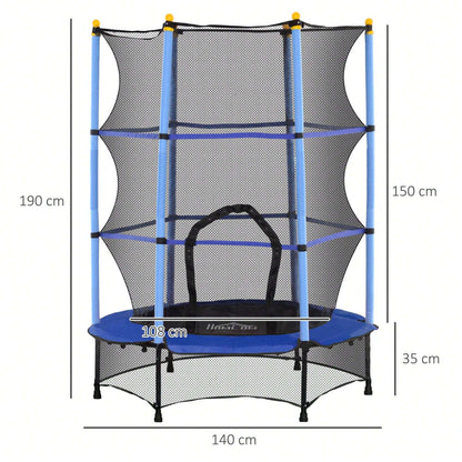 HOMCOM Trampolino Elastico per Bambini con Rete di Sicurezza e Pali Imbottiti, Tappeto Elastico Bambini in Acciaio per Interno ed Esterno, Età 3-10 Anni, Ø140 x 190 cm