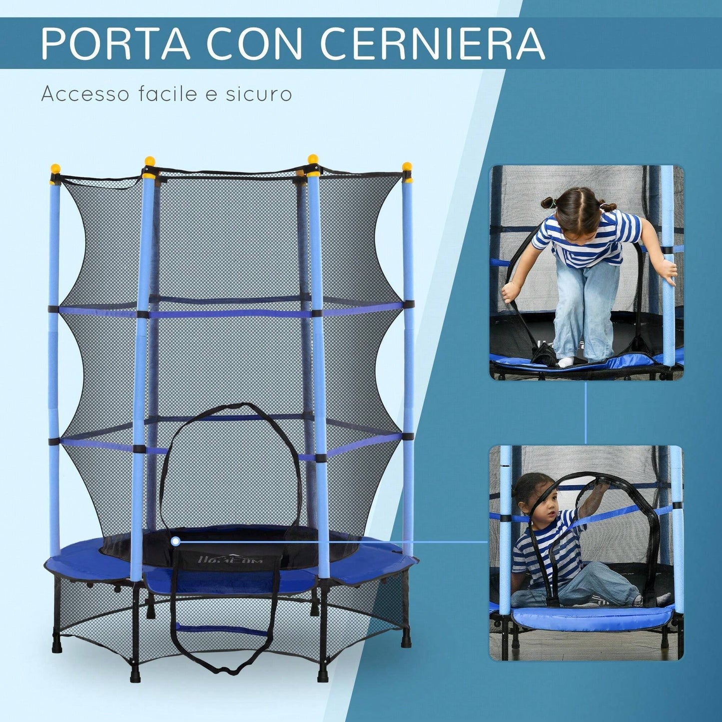 HOMCOM Trampolino Elastico per Bambini con Rete di Sicurezza e Pali Imbottiti, Tappeto Elastico Bambini in Acciaio per Interno ed Esterno, Età 3-10 Anni, Ø140 x 190 cm