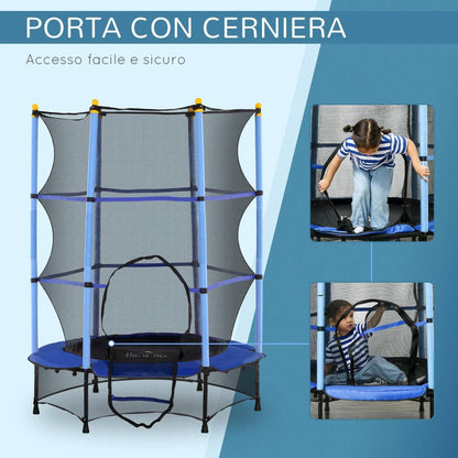 HOMCOM Trampolino Elastico per Bambini con Rete di Sicurezza e Pali Imbottiti, Tappeto Elastico Bambini in Acciaio per Interno ed Esterno, Età 3-10 Anni, Ø140 x 190 cm
