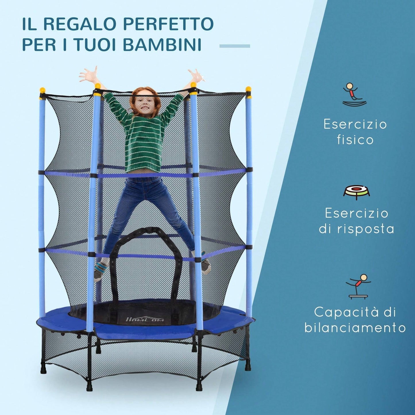 HOMCOM Trampolino Elastico per Bambini con Rete di Sicurezza e Pali Imbottiti, Tappeto Elastico Bambini in Acciaio per Interno ed Esterno, Età 3-10 Anni, Ø140 x 190 cm