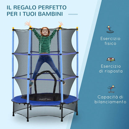 HOMCOM Trampolino Elastico per Bambini con Rete di Sicurezza e Pali Imbottiti, Tappeto Elastico Bambini in Acciaio per Interno ed Esterno, Età 3-10 Anni, Ø140 x 190 cm