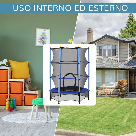 HOMCOM Trampolino Elastico per Bambini con Rete di Sicurezza e Pali Imbottiti, Tappeto Elastico Bambini in Acciaio per Interno ed Esterno, Età 3-10 Anni, Ø140 x 190 cm