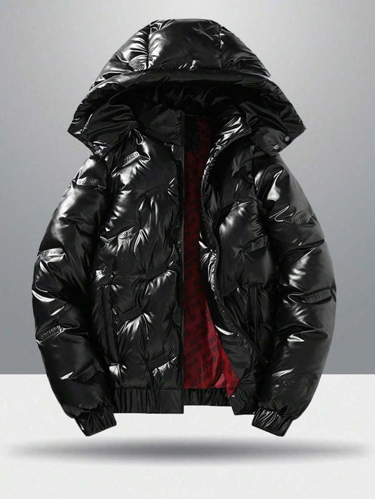 Cappotto casual imbottito con colletto rialzato, maniche lunghe, cappuccio staccabile, resistente al vento, lucido, in tinta unita, adatto per l'autunno/inverno, per tenersi caldi