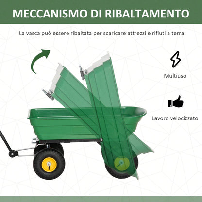 Outsunny Carrello da Giardino 75L in Acciaio e PP con Vasca ribaltabile e Maniglia da Trasporto, 109x52x94 cm, Verde Scuro