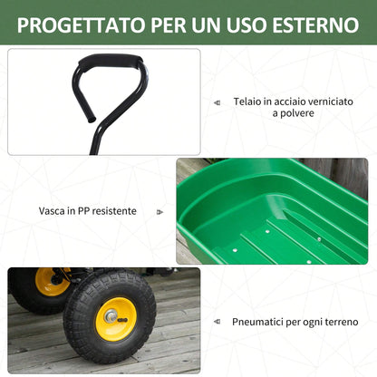 Outsunny Carrello da Giardino 75L in Acciaio e PP con Vasca ribaltabile e Maniglia da Trasporto, 109x52x94 cm, Verde Scuro