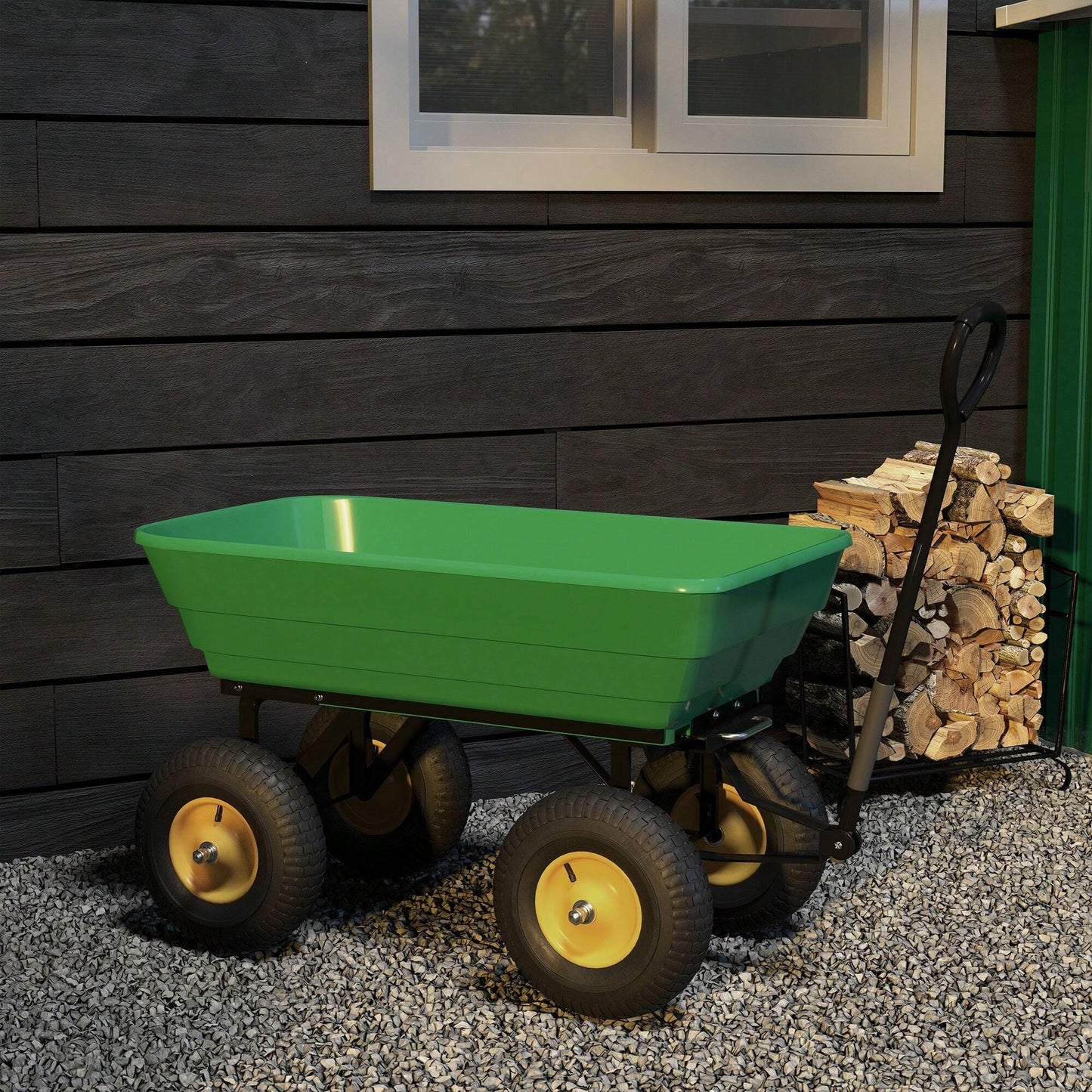 Outsunny Carrello da Giardino 75L in Acciaio e PP con Vasca ribaltabile e Maniglia da Trasporto, 109x52x94 cm, Verde Scuro