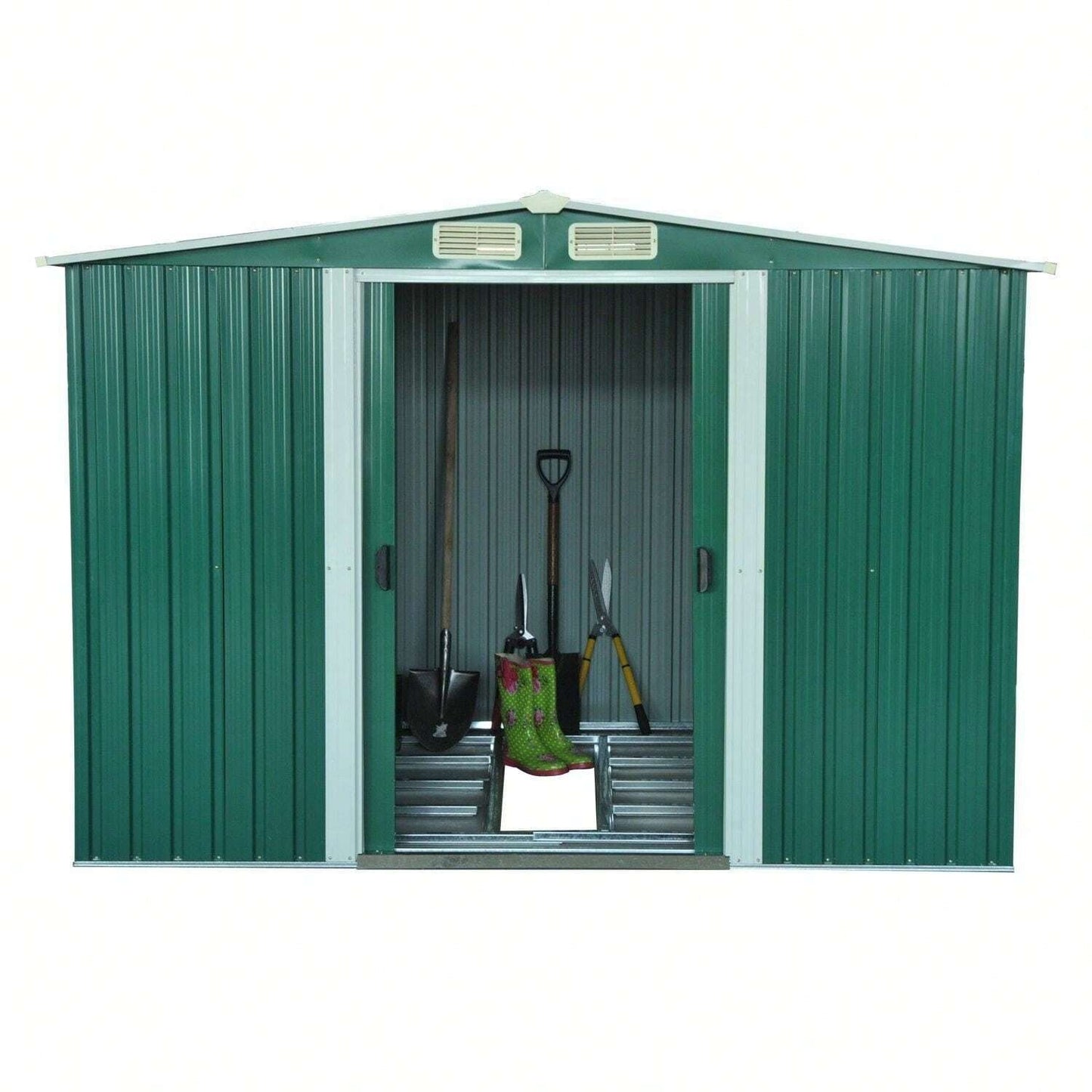 Outsunny Casetta da Giardino Porta Utensili in Lamiera di Acciaio, Capanno da Giardino in Acciaio con Base e Porte Scorrevoli, 258x206x178cm, Verde