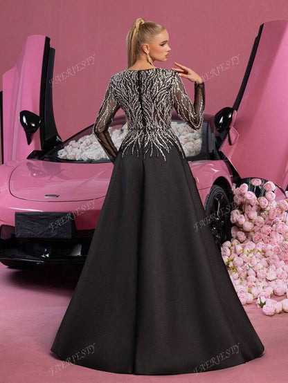 Faeriesty Abito da sera sofisticato con scollo a V e maniche lunghe, linea ad A - Abito da cerimonia elegante lungo fino ai piedi con gonna ampia e dettagli ricamati - Ideale per gala in smoking, matrimoni di lusso
