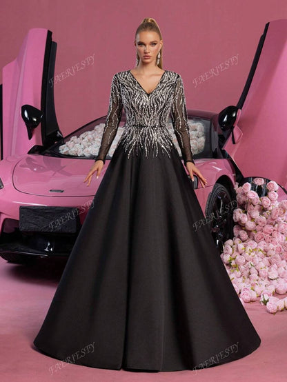 Faeriesty Abito da sera sofisticato con scollo a V e maniche lunghe, linea ad A - Abito da cerimonia elegante lungo fino ai piedi con gonna ampia e dettagli ricamati - Ideale per gala in smoking, matrimoni di lusso