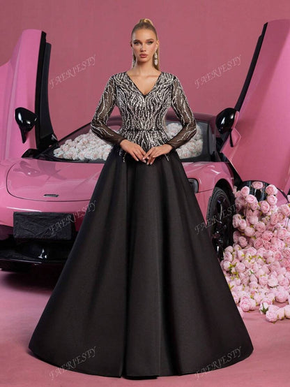 Faeriesty Abito da sera sofisticato con scollo a V e maniche lunghe, linea ad A - Abito da cerimonia elegante lungo fino ai piedi con gonna ampia e dettagli ricamati - Ideale per gala in smoking, matrimoni di lusso