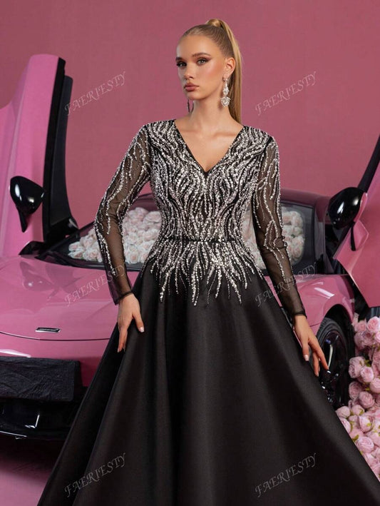 Faeriesty Abito da sera sofisticato con scollo a V e maniche lunghe, linea ad A - Abito da cerimonia elegante lungo fino ai piedi con gonna ampia e dettagli ricamati - Ideale per gala in smoking, matrimoni di lusso