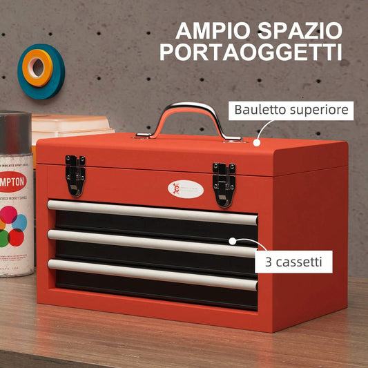 Durhand Valigetta Porta Utensili a 3 Cassetti, Cassetta Portautensili Vuota in Acciaio con Maniglia, 45x24x27cm, Rosso