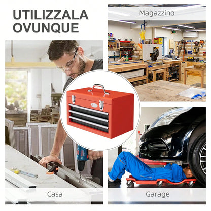 Durhand Valigetta Porta Utensili a 3 Cassetti, Cassetta Portautensili Vuota in Acciaio con Maniglia, 45x24x27cm, Rosso