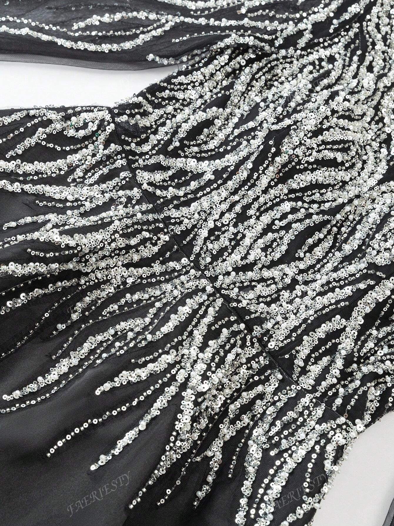 Faeriesty Abito da sera sofisticato con scollo a V e maniche lunghe, linea ad A - Abito da cerimonia elegante lungo fino ai piedi con gonna ampia e dettagli ricamati - Ideale per gala in smoking, matrimoni di lusso