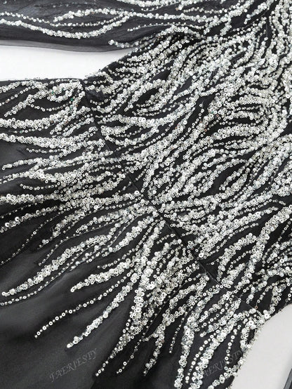 Faeriesty Abito da sera sofisticato con scollo a V e maniche lunghe, linea ad A - Abito da cerimonia elegante lungo fino ai piedi con gonna ampia e dettagli ricamati - Ideale per gala in smoking, matrimoni di lusso