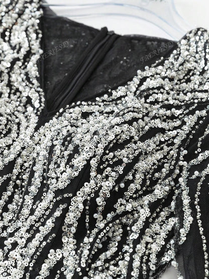 Faeriesty Abito da sera sofisticato con scollo a V e maniche lunghe, linea ad A - Abito da cerimonia elegante lungo fino ai piedi con gonna ampia e dettagli ricamati - Ideale per gala in smoking, matrimoni di lusso