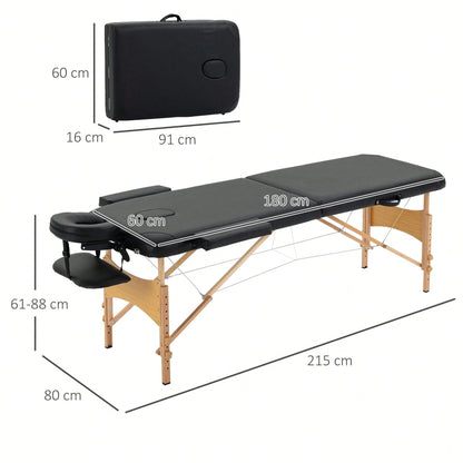 HOMCOM Lettino da Massaggio Pieghevole, Lettino Professionale Portatile con Altezza Regolabile e Borsa di Trasporto, Struttura in Legno, Nero