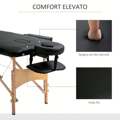 HOMCOM Lettino da Massaggio Pieghevole, Lettino Professionale Portatile con Altezza Regolabile e Borsa di Trasporto, Struttura in Legno, Nero