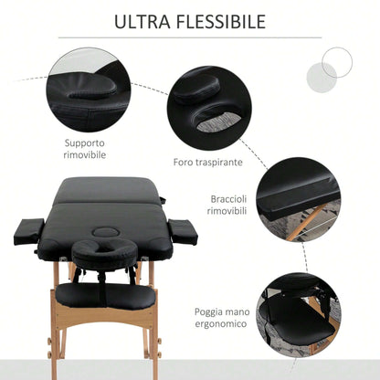 HOMCOM Lettino da Massaggio Pieghevole, Lettino Professionale Portatile con Altezza Regolabile e Borsa di Trasporto, Struttura in Legno, Nero