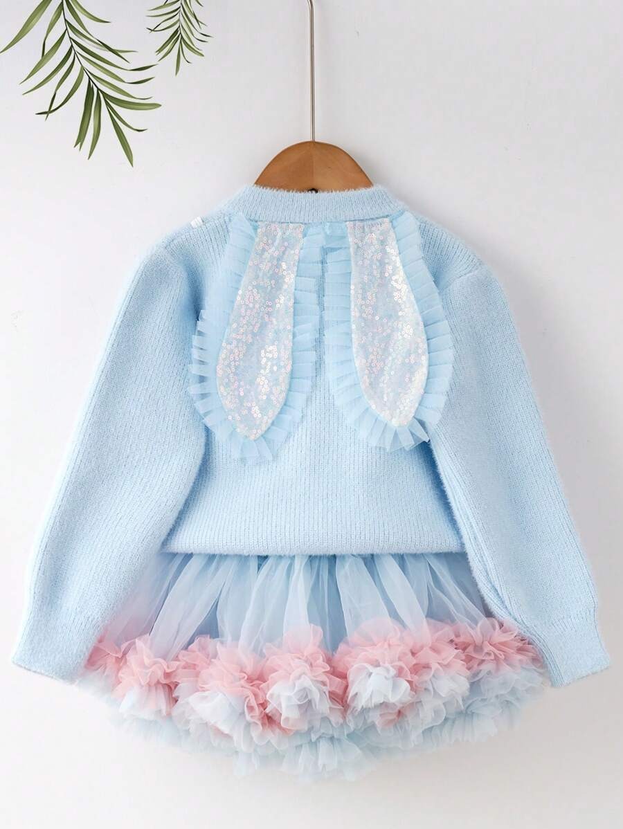 Cardigan girocollo con stampa di coniglietti e gonna in tulle a rete, 2 pezzi carini, set per ragazze, adatto per autunno/inverno