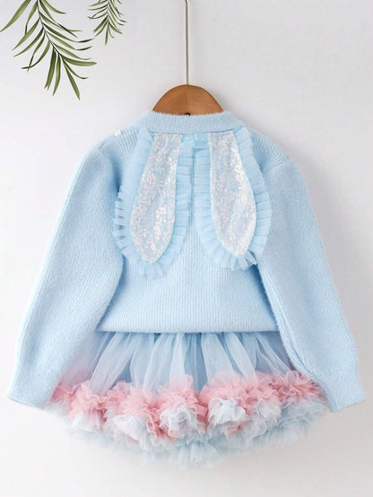 Cardigan girocollo con stampa di coniglietti e gonna in tulle a rete, 2 pezzi carini, set per ragazze, adatto per autunno/inverno