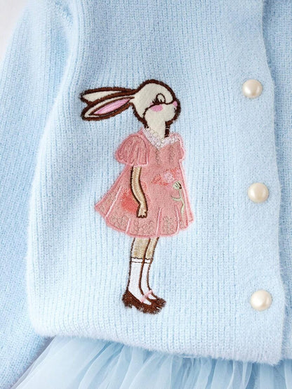 Cardigan girocollo con stampa di coniglietti e gonna in tulle a rete, 2 pezzi carini, set per ragazze, adatto per autunno/inverno
