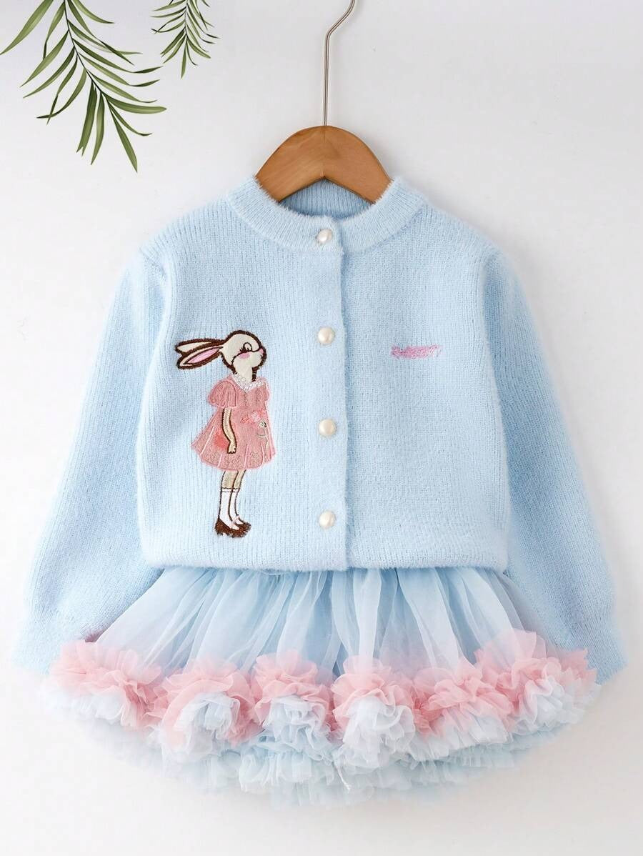 Cardigan girocollo con stampa di coniglietti e gonna in tulle a rete, 2 pezzi carini, set per ragazze, adatto per autunno/inverno