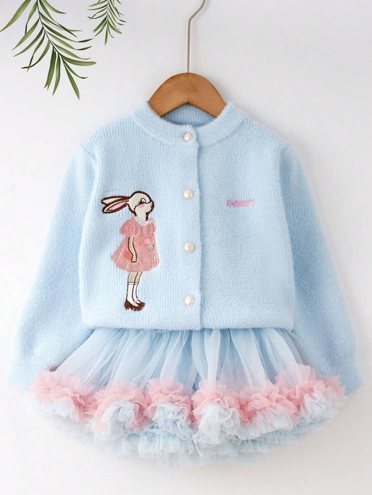 Cardigan girocollo con stampa di coniglietti e gonna in tulle a rete, 2 pezzi carini, set per ragazze, adatto per autunno/inverno
