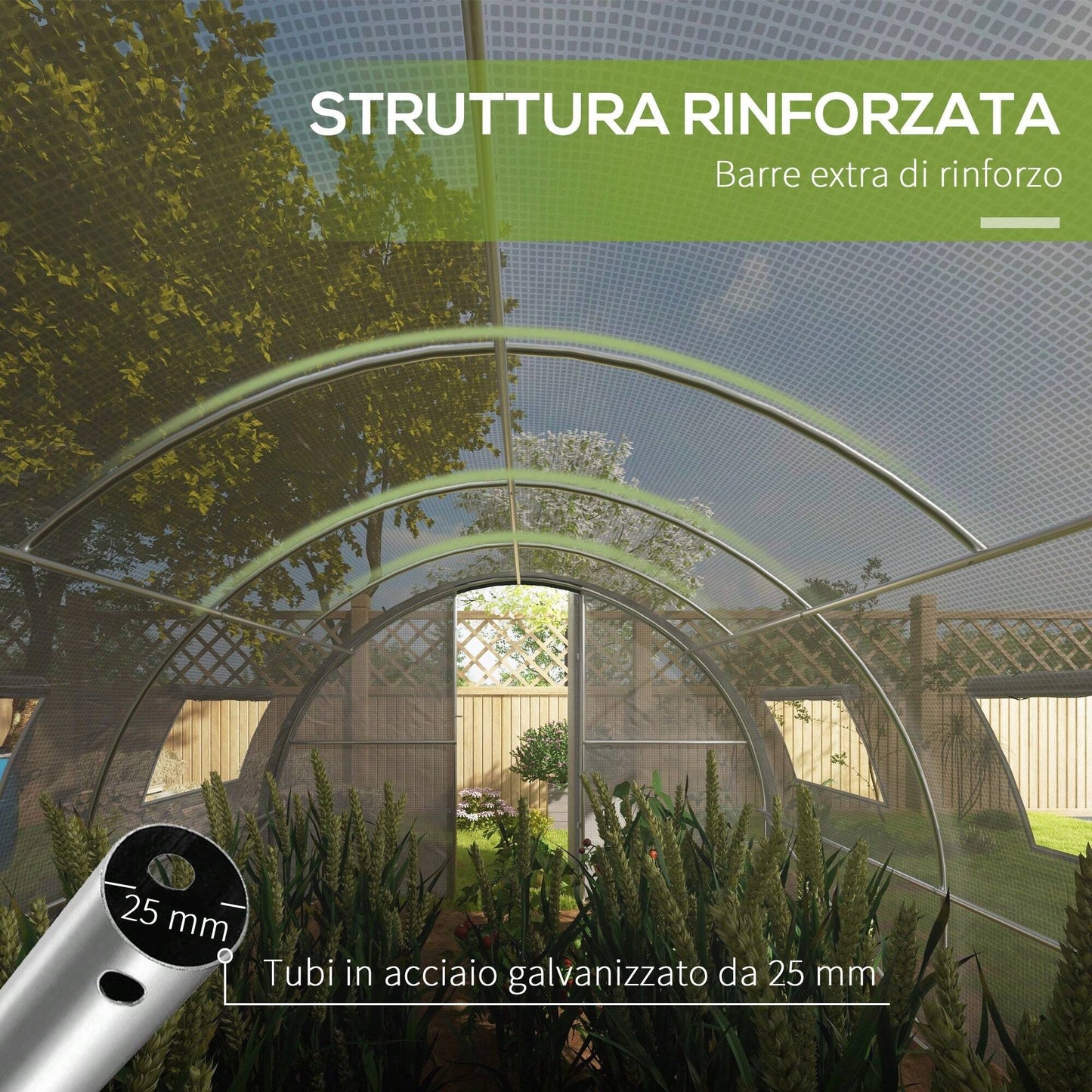 Outsunny Serra a Tunnel 6x3 m con 2 Porte a Cerniera e 8 Finestre, Serra per Orto in PE, Poliestere e Acciaio Zincato, Bianco e Verde