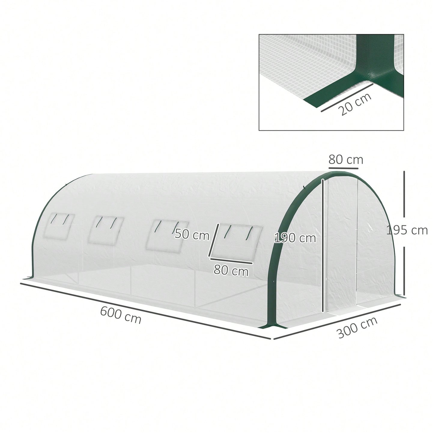 Outsunny Serra a Tunnel 6x3 m con 2 Porte a Cerniera e 8 Finestre, Serra per Orto in PE, Poliestere e Acciaio Zincato, Bianco e Verde