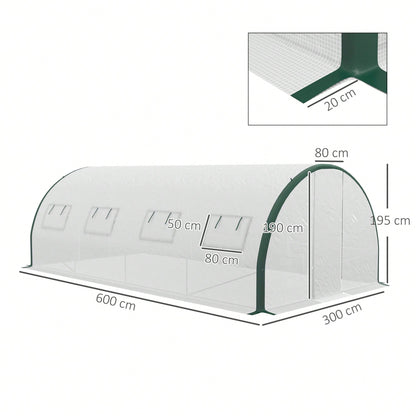 Outsunny Serra a Tunnel 6x3 m con 2 Porte a Cerniera e 8 Finestre, Serra per Orto in PE, Poliestere e Acciaio Zincato, Bianco e Verde