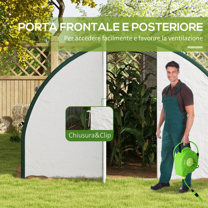 Outsunny Serra a Tunnel 6x3 m con 2 Porte a Cerniera e 8 Finestre, Serra per Orto in PE, Poliestere e Acciaio Zincato, Bianco e Verde