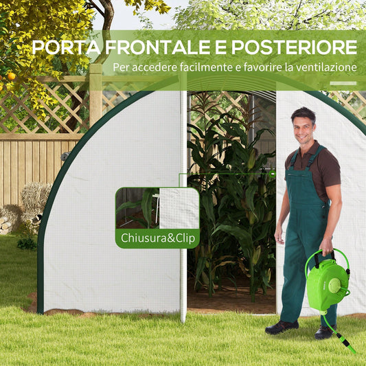 Outsunny Serra a Tunnel 6x3 m con 2 Porte a Cerniera e 8 Finestre, Serra per Orto in PE, Poliestere e Acciaio Zincato, Bianco e Verde