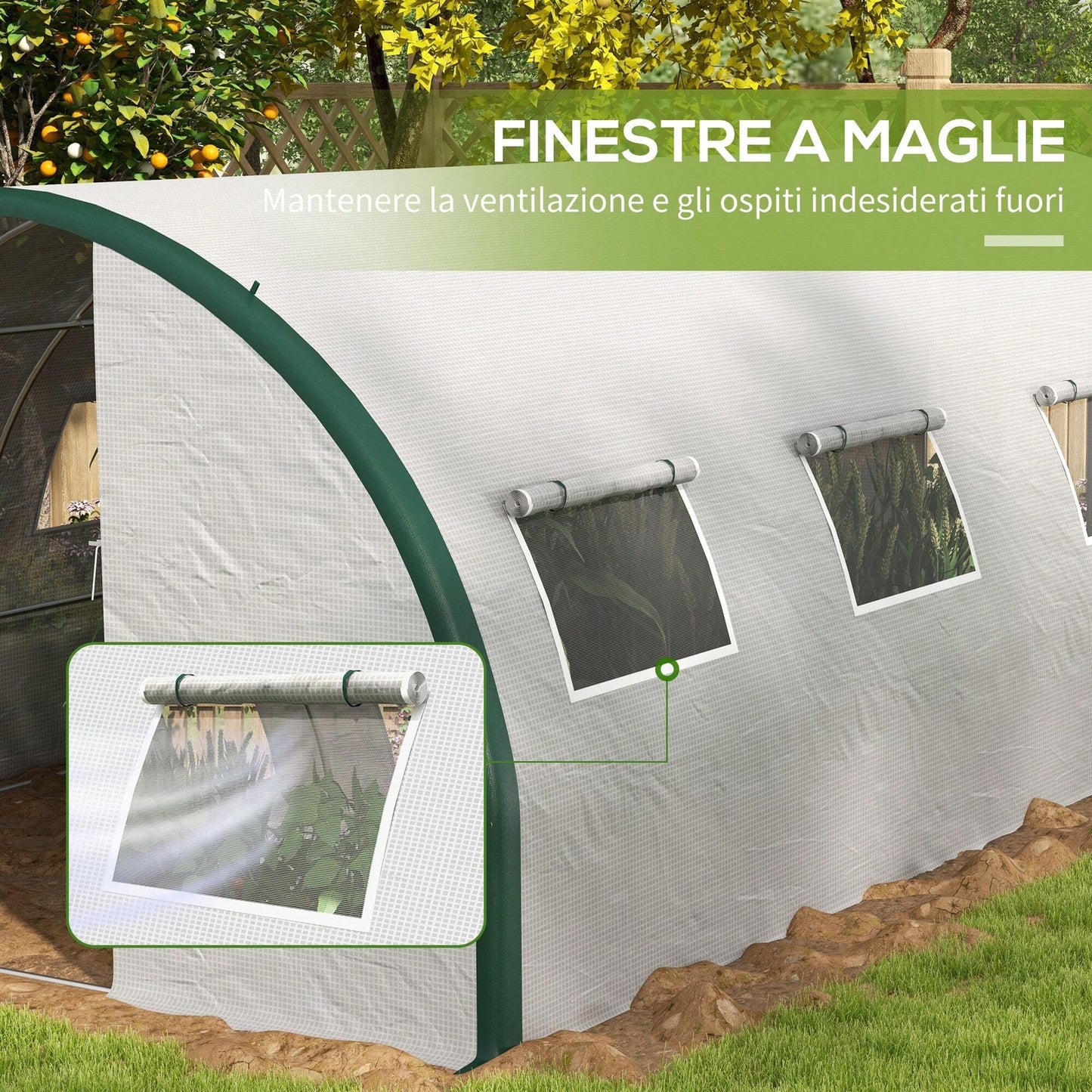 Outsunny Serra a Tunnel 6x3 m con 2 Porte a Cerniera e 8 Finestre, Serra per Orto in PE, Poliestere e Acciaio Zincato, Bianco e Verde