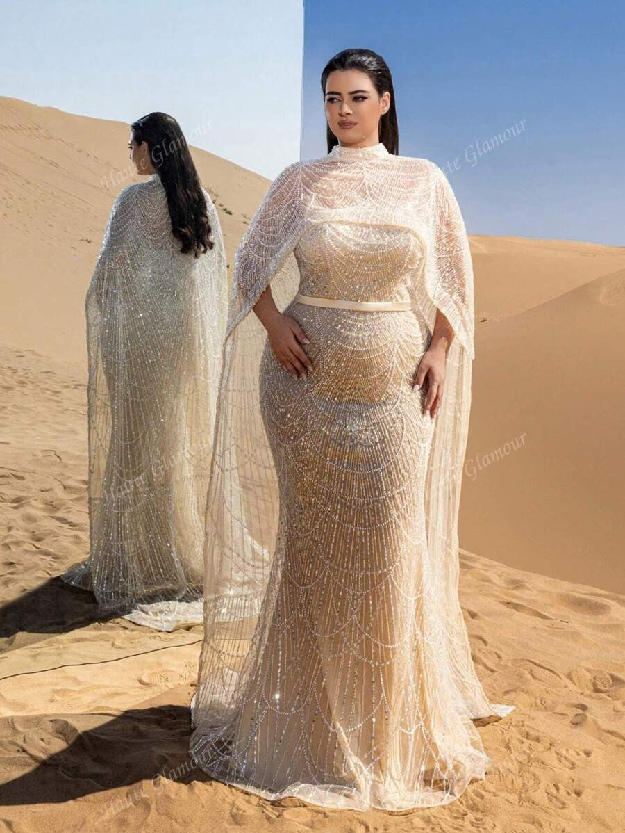 Faeriesty Abito da sera con collo alto, maniche a mantella, coda di pesce, con sovrapposizione drammatica e ricami intricati, adatto per red carpet, matrimoni in smoking, cerimonie di premiazione