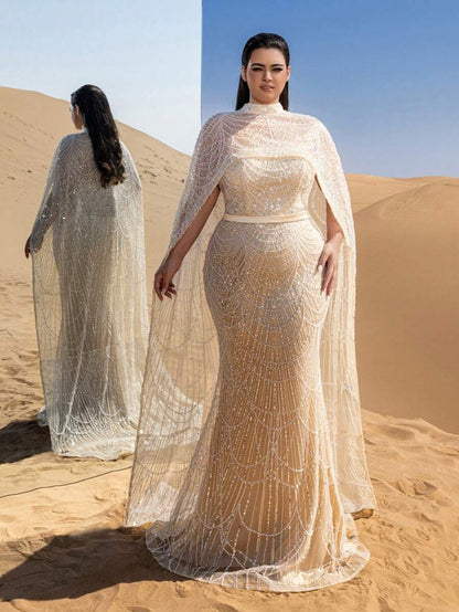 Faeriesty Abito da sera con collo alto, maniche a mantella, coda di pesce, con sovrapposizione drammatica e ricami intricati, adatto per red carpet, matrimoni in smoking, cerimonie di premiazione