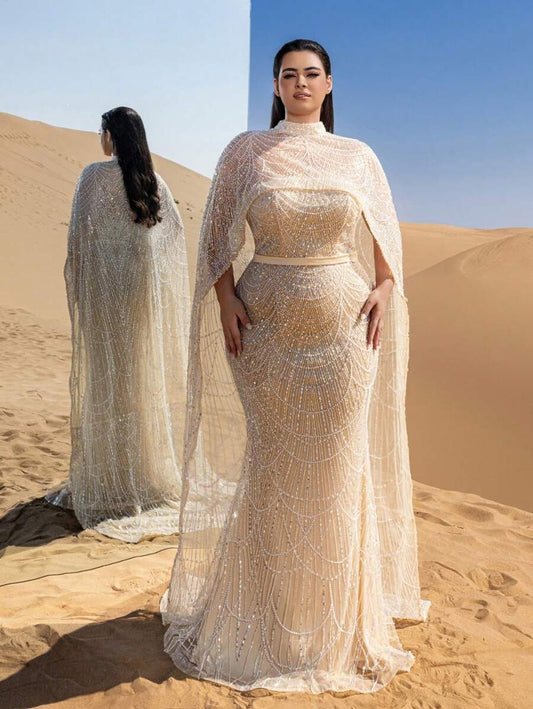 Faeriesty Abito da sera con collo alto, maniche a mantella, coda di pesce, con sovrapposizione drammatica e ricami intricati, adatto per red carpet, matrimoni in smoking, cerimonie di premiazione