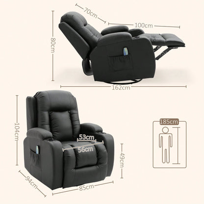 HOMCOM Poltrona Relax Massaggiante Riscaldante, Poltrona Reclinabile fino a 150° in Finta Pelle con 8 Punti di Massaggio e Telecomando, 85x94x104cm