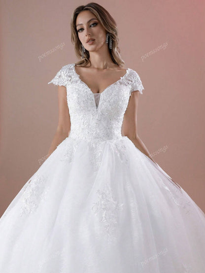 Elegante abito da sposa con maniche a cappuccio, scollo a V, decorato con perline e applicazioni, a palloncino (il copripettorina non è incluso), per la sposa