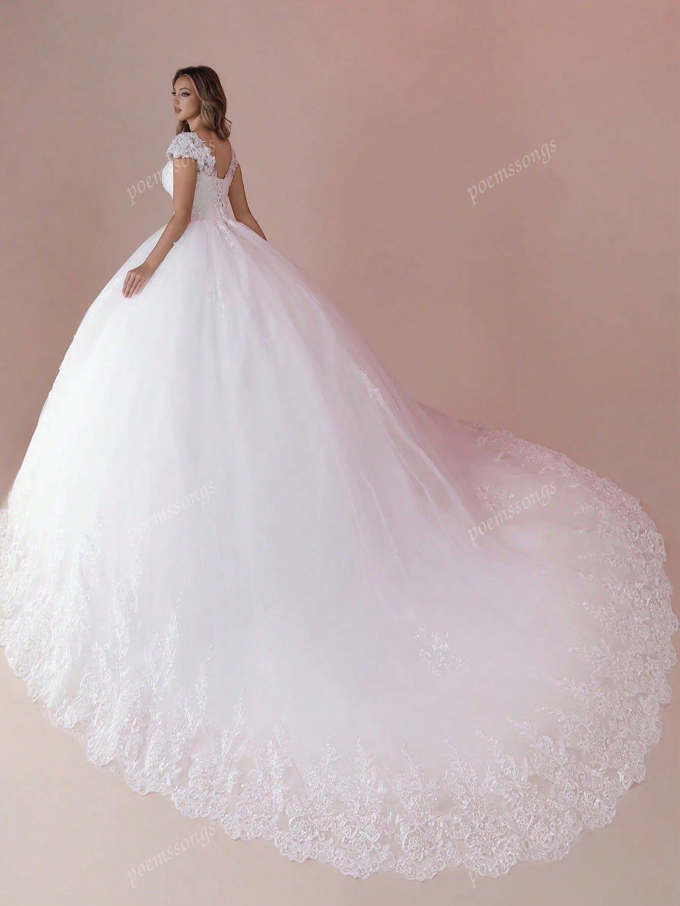 Elegante abito da sposa con maniche a cappuccio, scollo a V, decorato con perline e applicazioni, a palloncino (il copripettorina non è incluso), per la sposa