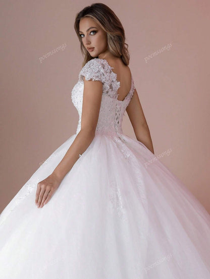 Elegante abito da sposa con maniche a cappuccio, scollo a V, decorato con perline e applicazioni, a palloncino (il copripettorina non è incluso), per la sposa
