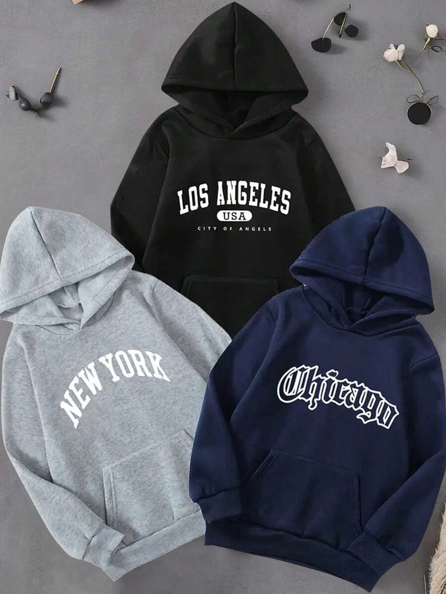 3 pezzi Felpe adolescenti con design casual con lettere cittadine, vestibilità morbida e ampia, adatte alla primavera e all'autunno
