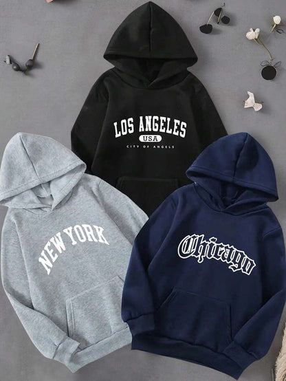 3 pezzi Felpe adolescenti con design casual con lettere cittadine, vestibilità morbida e ampia, adatte alla primavera e all'autunno