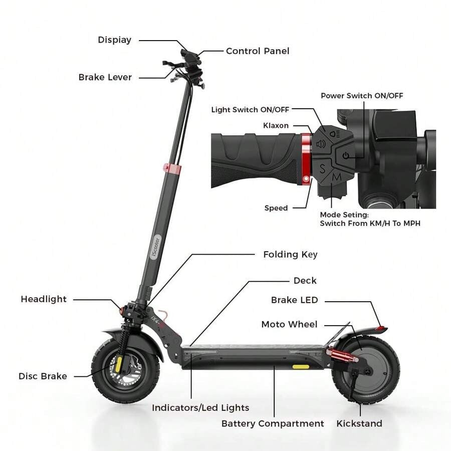 Monopattino elettrico iScooter IX4 con pneumatici a nido d'ape da 10 pollici, motore da 800 W, velocità massima 45 km/h, batteria 48 V 15 Ah, autonomia 40-45 km, controllo tramite app.