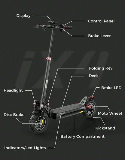 Monopattino elettrico iScooter IX4 con pneumatici a nido d'ape da 10 pollici, motore da 800 W, velocità massima 45 km/h, batteria 48 V 15 Ah, autonomia 40-45 km, controllo tramite app.