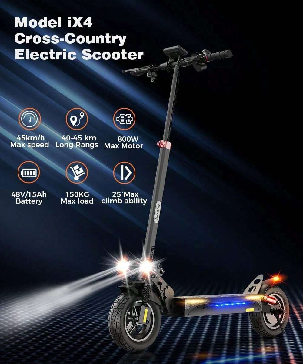 Monopattino elettrico iScooter IX4 con pneumatici a nido d'ape da 10 pollici, motore da 800 W, velocità massima 45 km/h, batteria 48 V 15 Ah, autonomia 40-45 km, controllo tramite app.